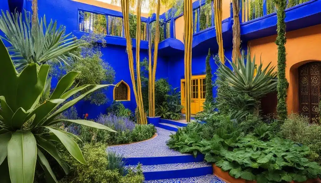 Majorelle Garden blue building and plants in Marrakech