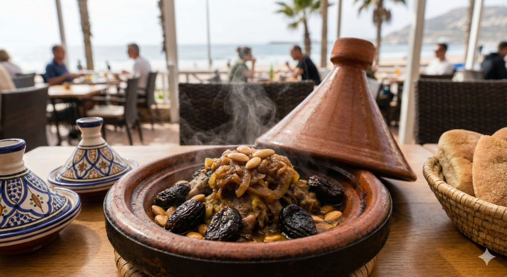 Delicioso plato de Tajine marroquí tradicional servido en un restaurante de Agadir Marruecos