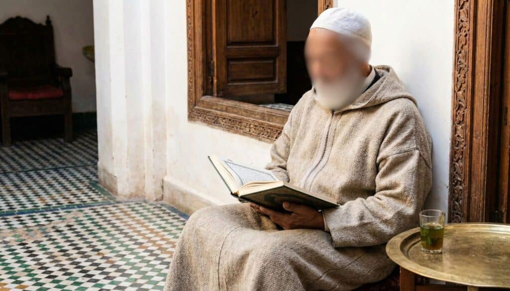 Hombre leyendo el Corán reflejando la religión en Marruecos