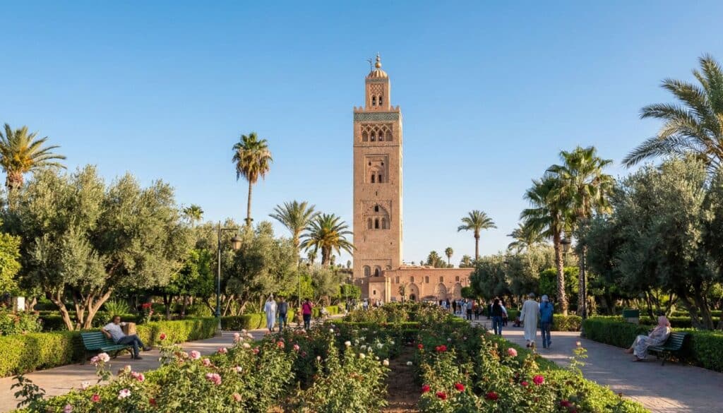 Jardins Lalla Hasna avec vue sur la mosquée Koutoubia