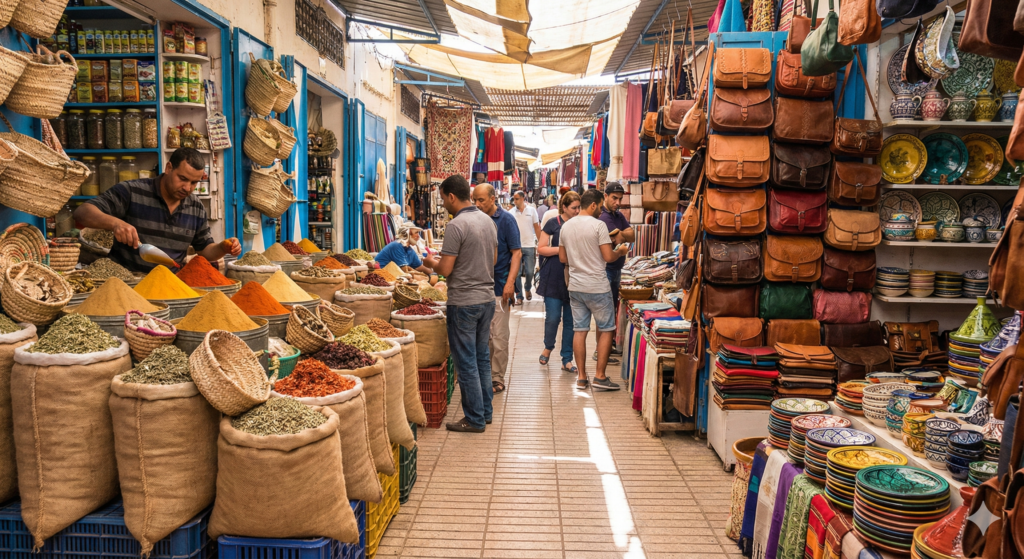 Puestos coloridos de especias y artesanías en el Souk El Had de Agadir Marruecos