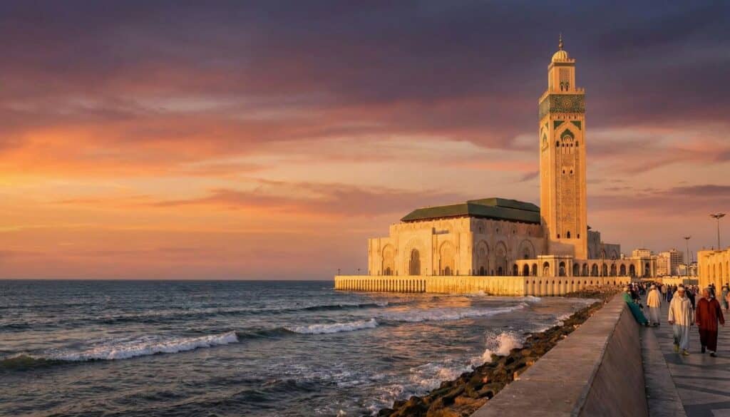 Religión en Marruecos Mezquita Hassan II al atardecer