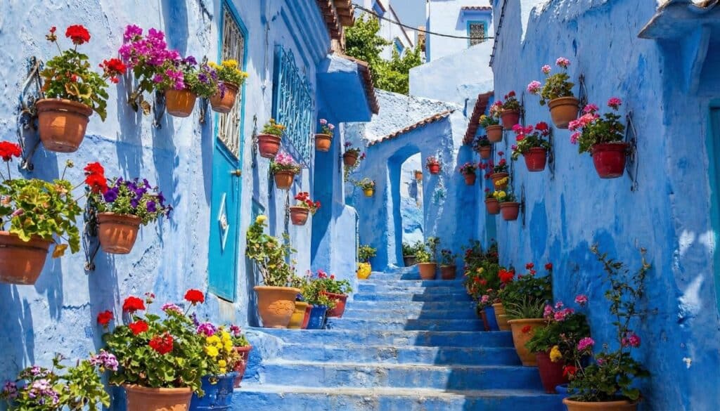 Turismo en Marruecos Calles azules de Chefchaouen con macetas de colores