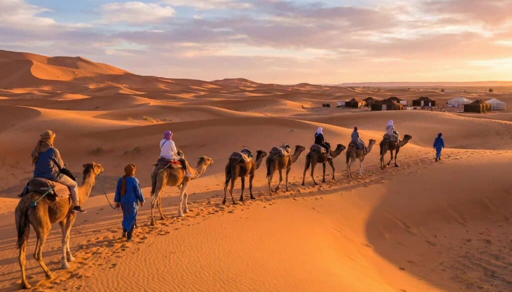 Turismo en Marruecos: Caravana de camellos en el desierto del Sahara al atardecer