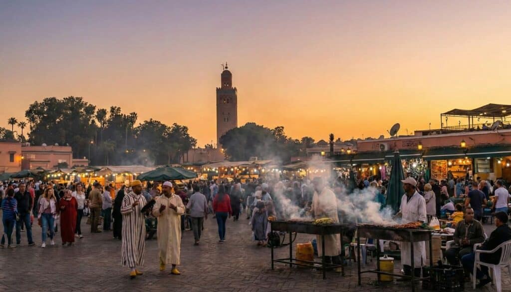 Turismo en Marruecos: Plaza Jemaa el-Fna en Marrakech al atardecer
